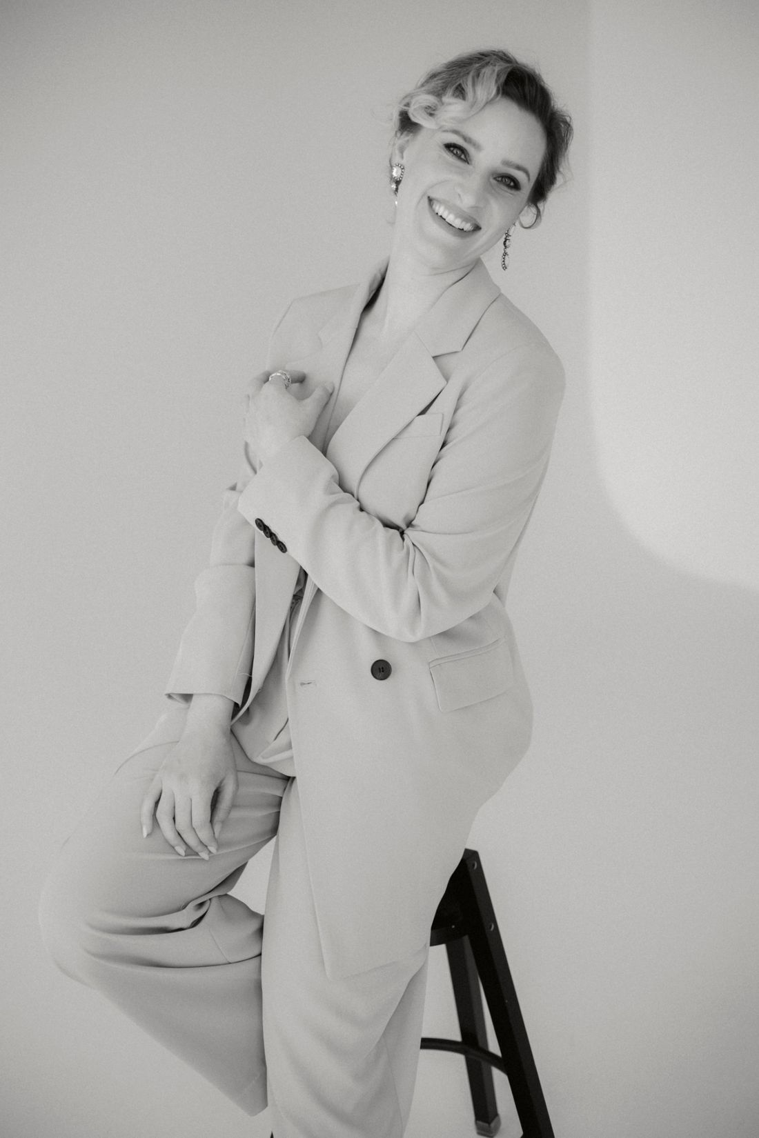 Martha Eason smiling, black and white portrait